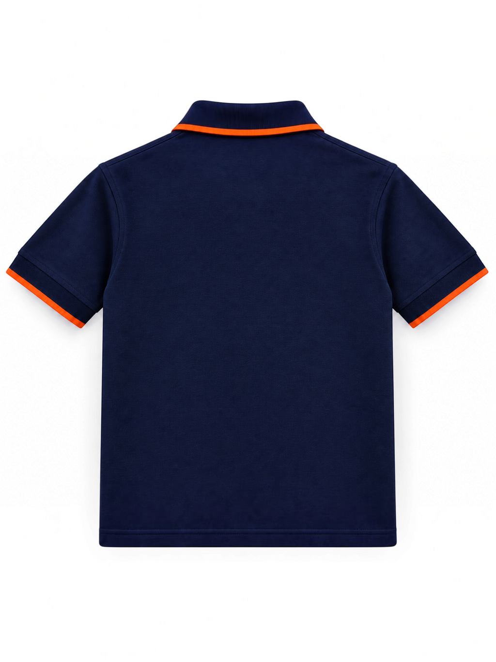 Kiddy Kloset kids navy polo shirt back view with orange tipped collar and cuffs
