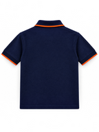 Kiddy Kloset kids navy polo shirt back view with orange tipped collar and cuffs