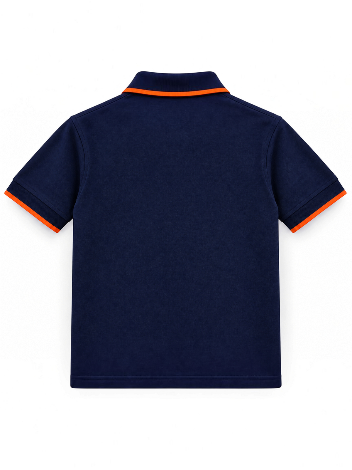 Kiddy Kloset kids navy polo shirt back view with orange tipped collar and cuffs