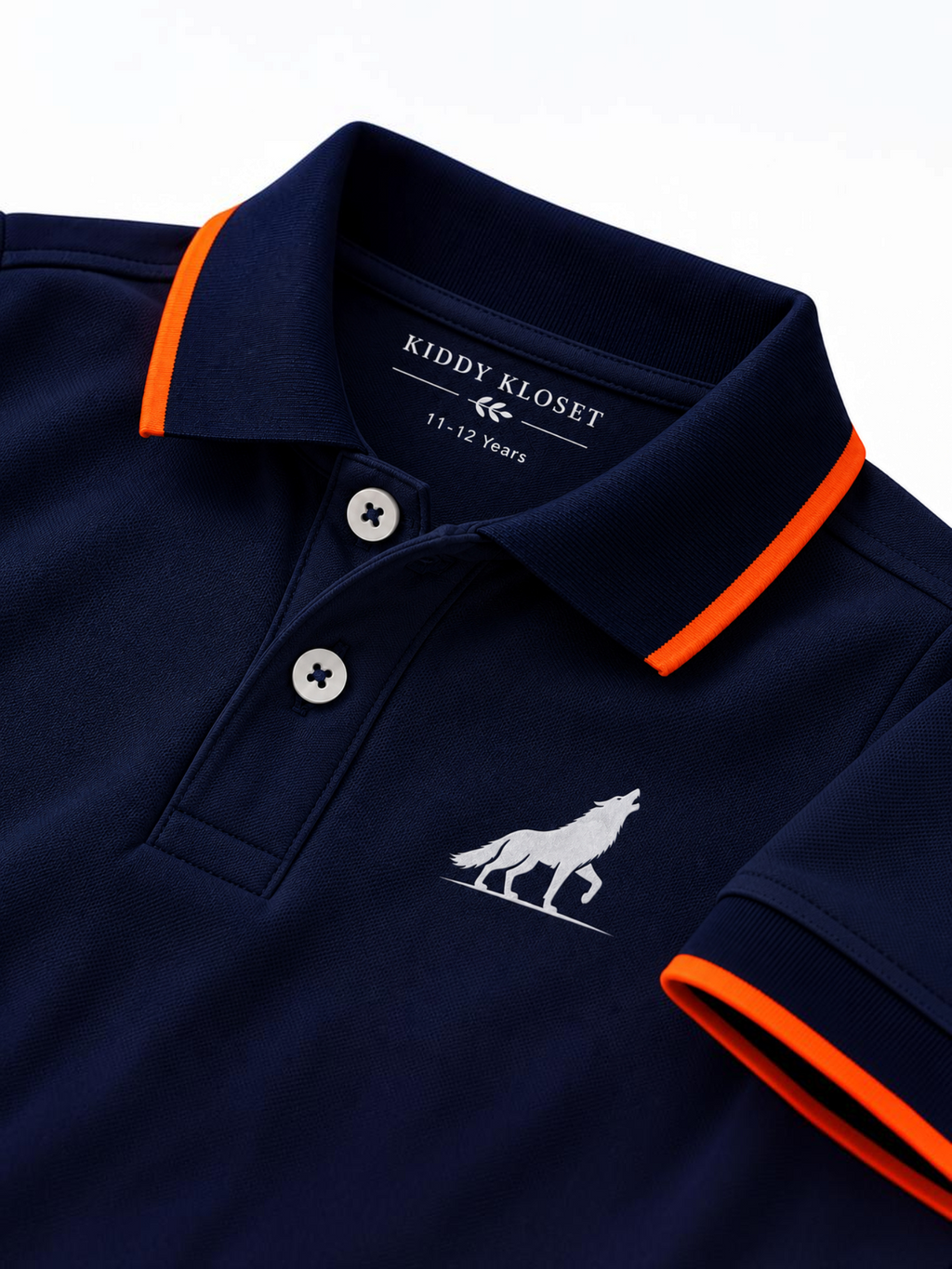Close up of navy polo collar with orange tipping, two-button placket and wolf logo
