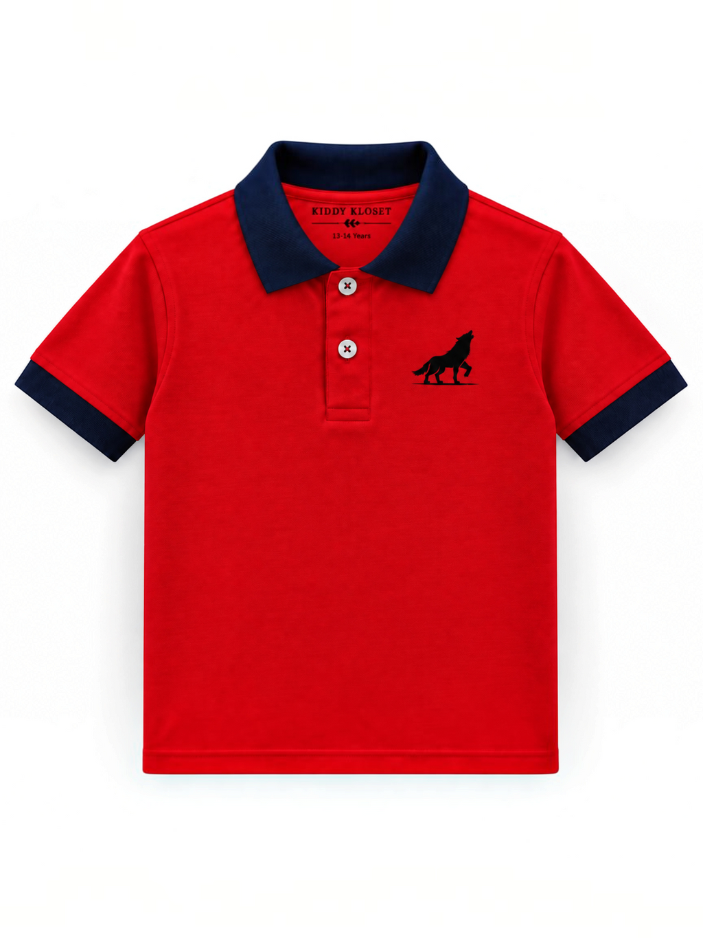Kiddy Kloset kids red polo shirt front view with navy collar, cuffs and wolf chest logo