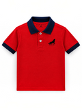 Kiddy Kloset kids red polo shirt front view with navy collar, cuffs and wolf chest logo