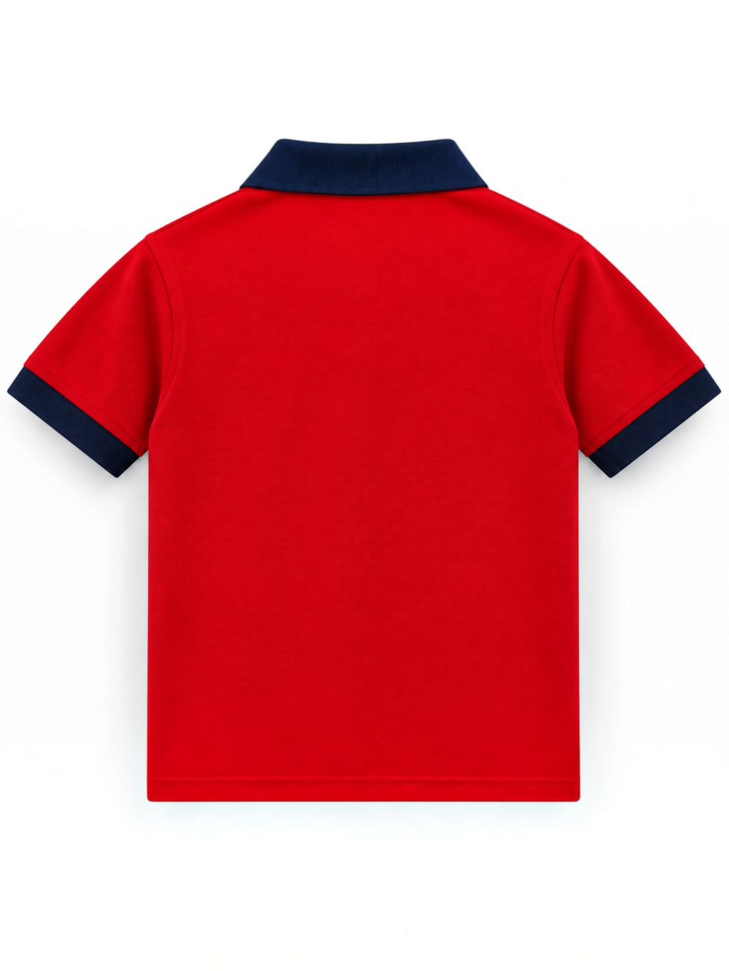 Kiddy Kloset kids red polo shirt back view with navy collar and cuffs