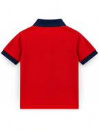 Kiddy Kloset kids red polo shirt back view with navy collar and cuffs