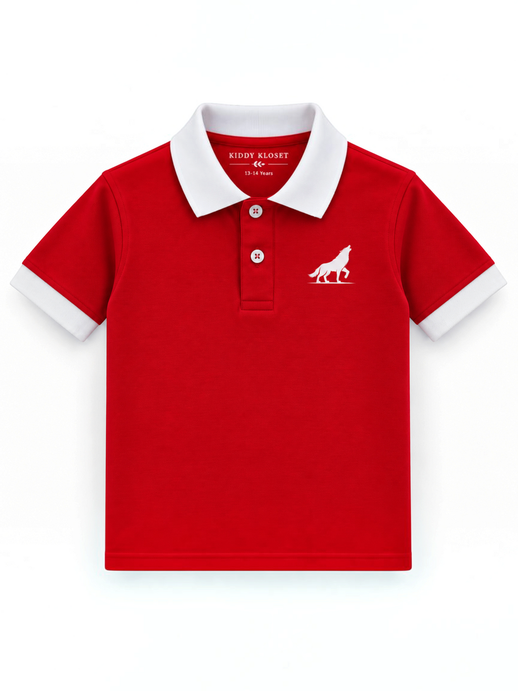 Kiddy Kloset kids red polo shirt front view with white collar, cuffs and wolf chest logo