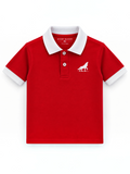 Kiddy Kloset kids red polo shirt front view with white collar, cuffs and wolf chest logo