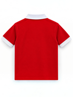 Kiddy Kloset kids red polo shirt back view with white collar and cuffs