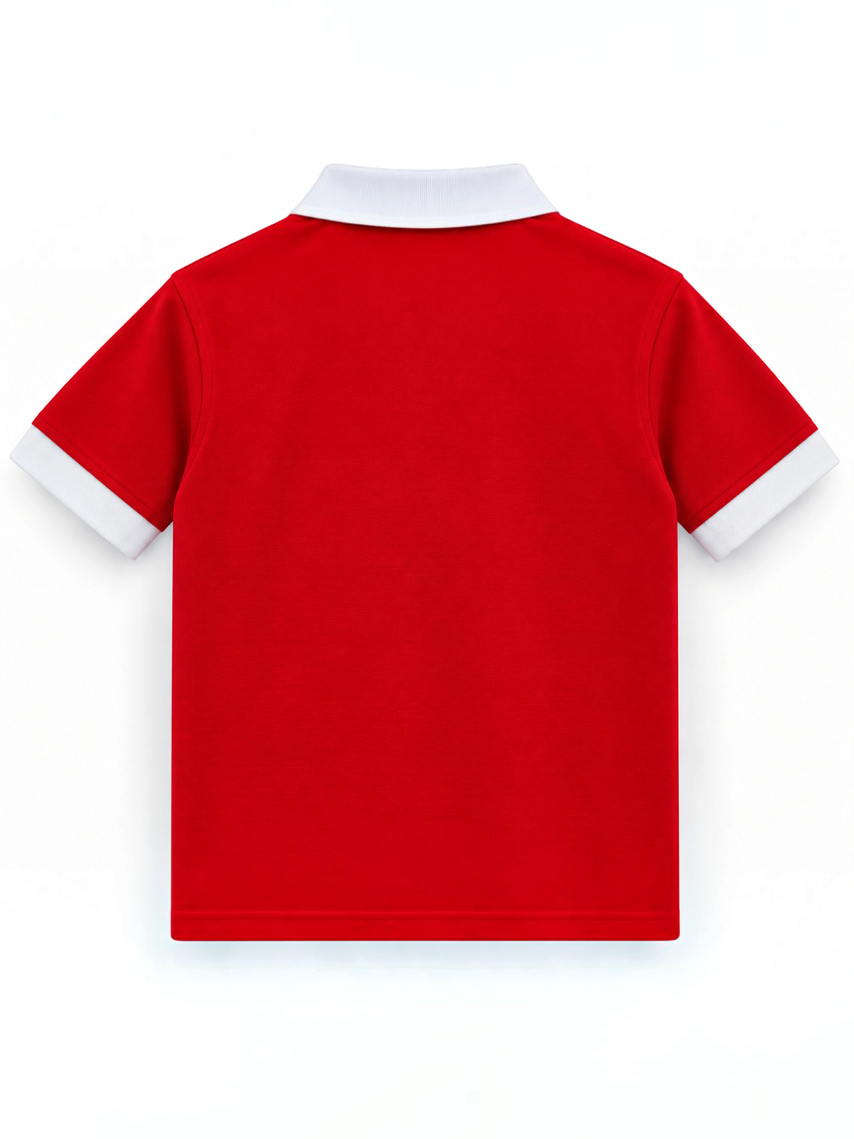 Kiddy Kloset kids red polo shirt back view with white collar and cuffs