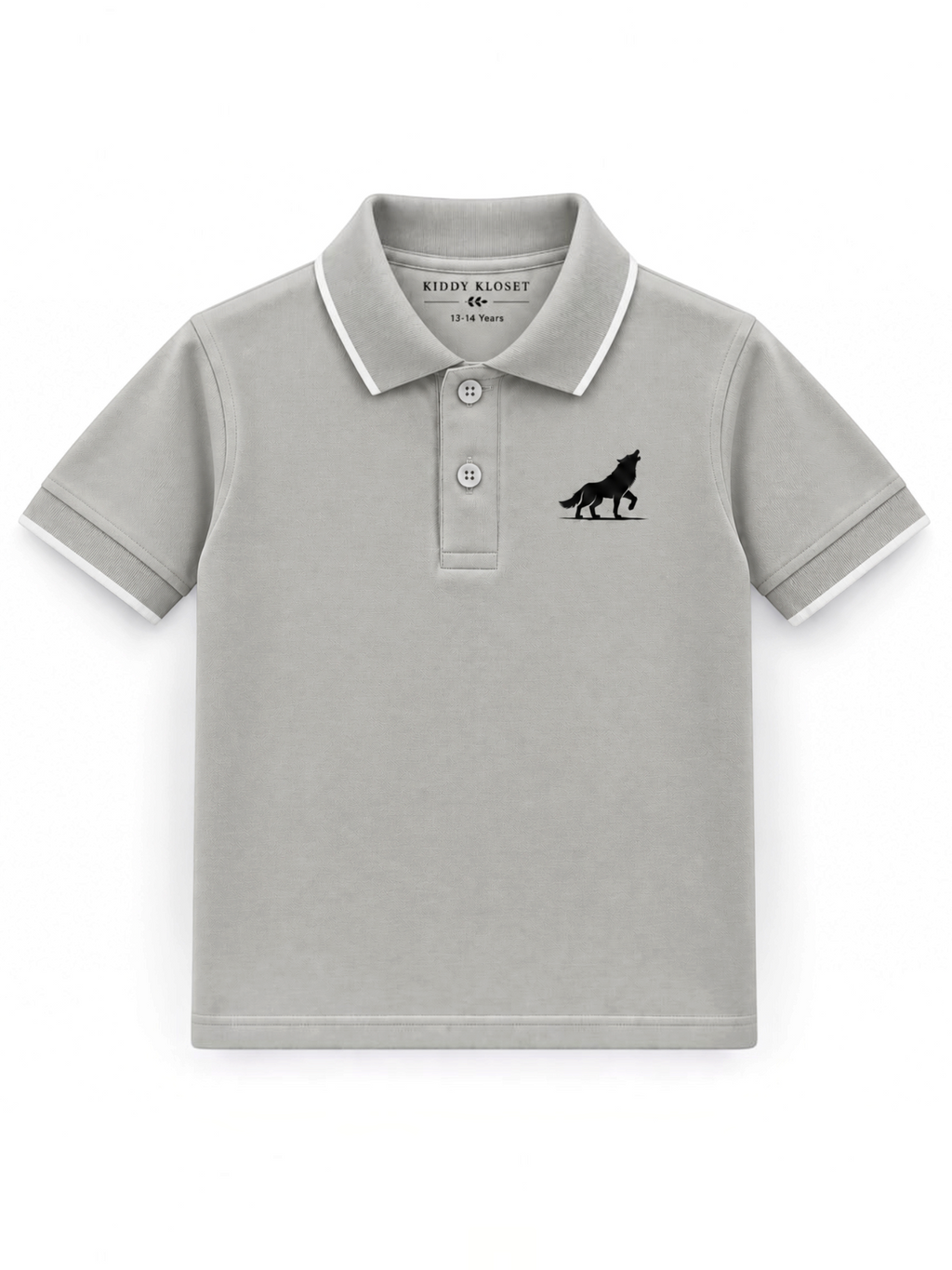 Kiddy Kloset kids stone grey polo shirt front view with white tipping and wolf chest logo