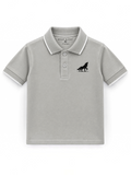 Kiddy Kloset kids stone grey polo shirt front view with white tipping and wolf chest logo