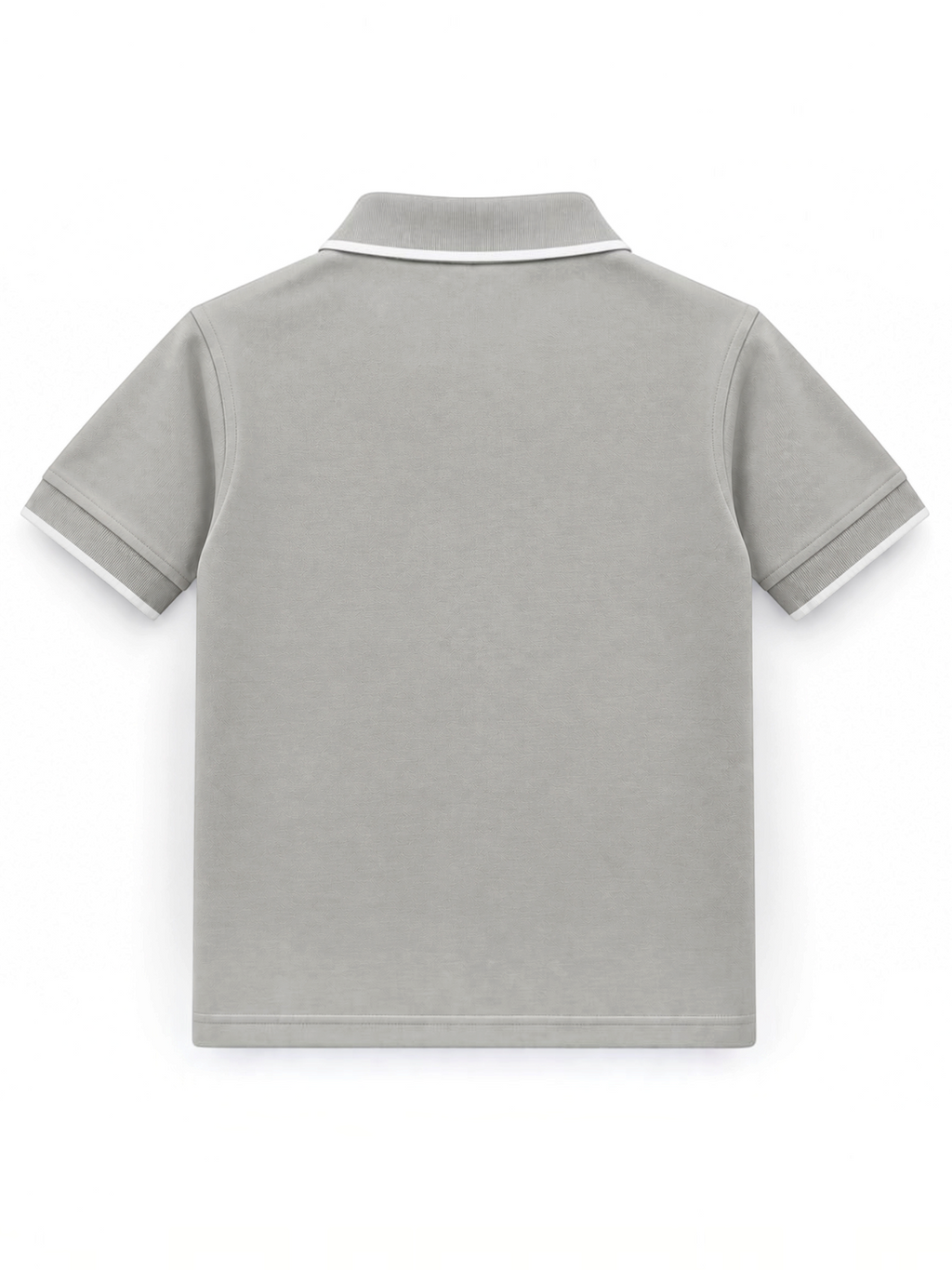 Kiddy Kloset kids stone grey polo shirt back view with white tipped collar and cuffs
