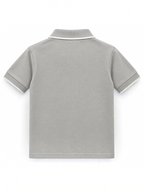 Kiddy Kloset kids stone grey polo shirt back view with white tipped collar and cuffs