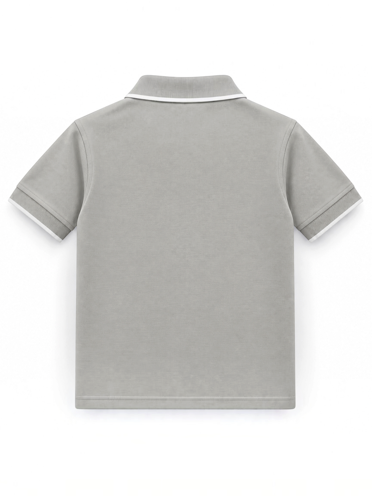 Kiddy Kloset kids stone grey polo shirt back view with white tipped collar and cuffs
