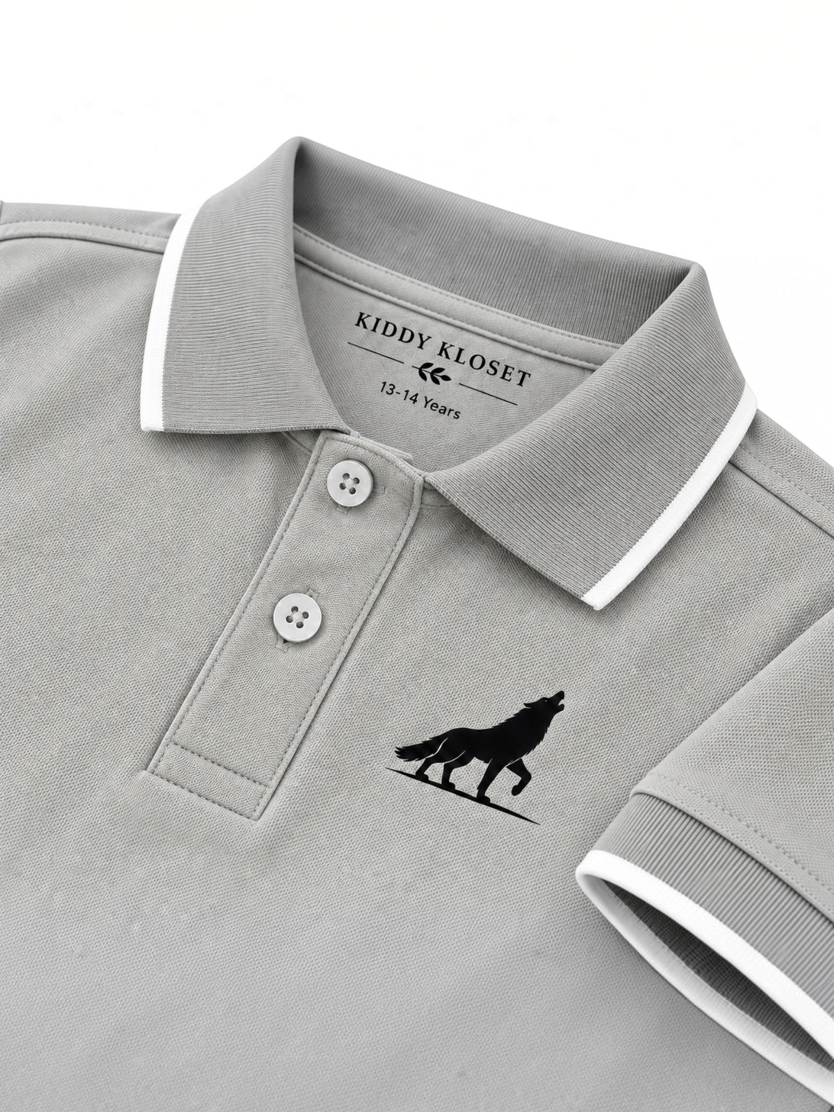 Close up of grey polo collar with white tipping, two-button placket and black wolf logo
