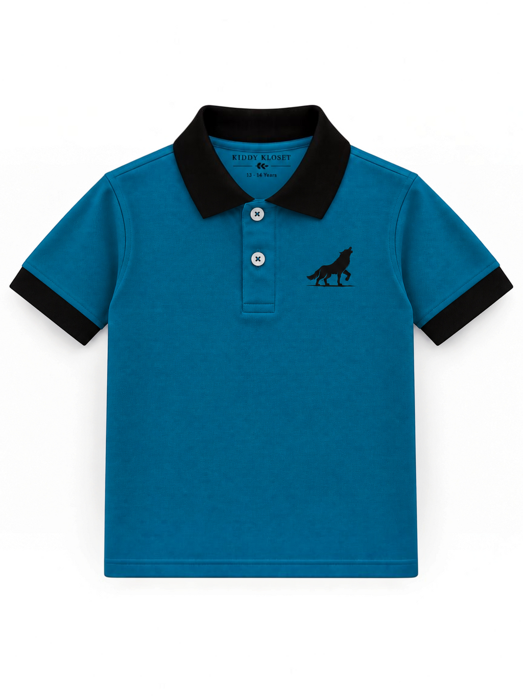 Kiddy Kloset kids teal polo shirt front view with black collar, cuffs and wolf chest logo