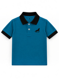 Kiddy Kloset kids teal polo shirt front view with black collar, cuffs and wolf chest logo