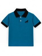 Kiddy Kloset kids teal polo shirt front view with black collar, cuffs and wolf chest logo