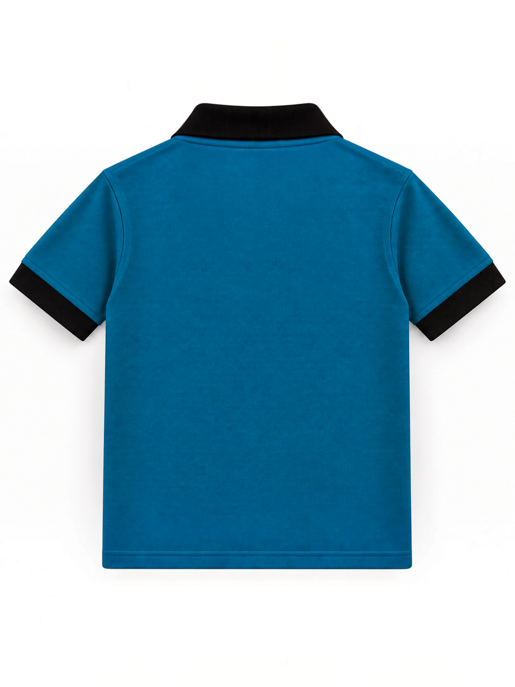Kiddy Kloset kids teal polo shirt back view with black collar and cuffs
