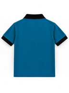 Kiddy Kloset kids teal polo shirt back view with black collar and cuffs