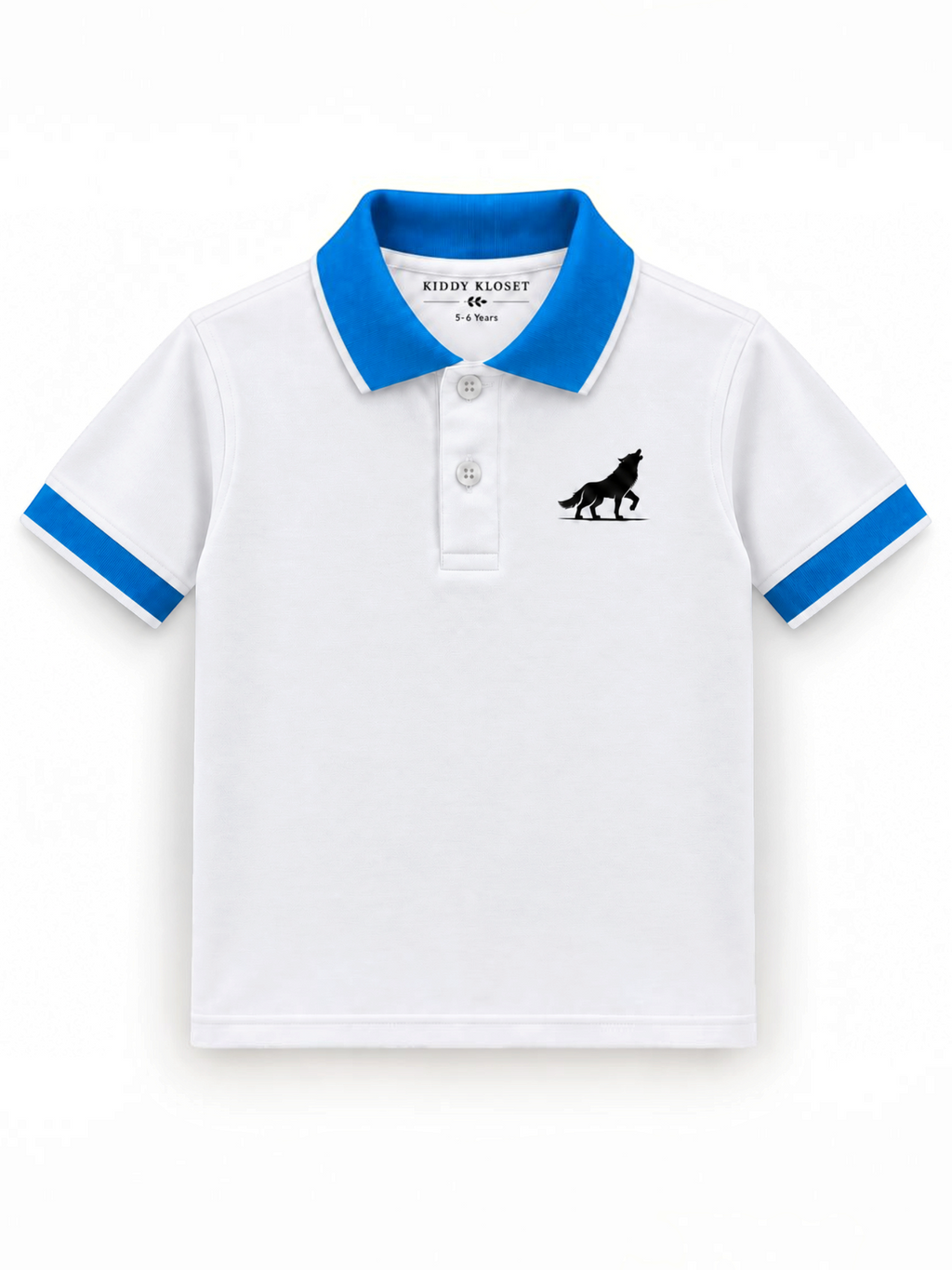 Kiddy Kloset kids white polo shirt front view with blue collar, cuffs and wolf chest logo