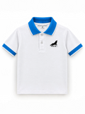 Kiddy Kloset kids white polo shirt front view with blue collar, cuffs and wolf chest logo