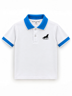 Kiddy Kloset kids white polo shirt front view with blue collar, cuffs and wolf chest logo