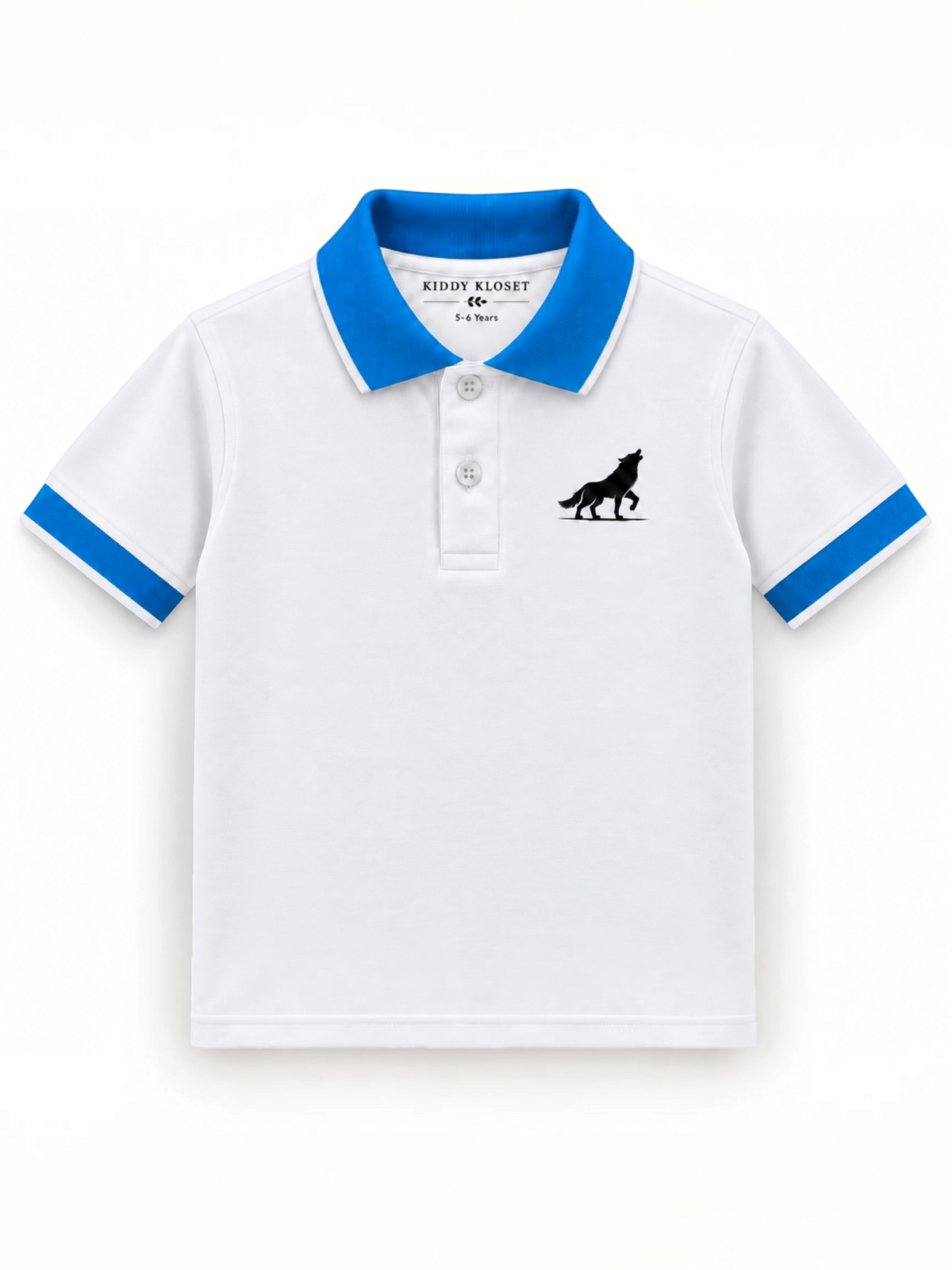 Kiddy Kloset kids white polo shirt front view with blue collar, cuffs and wolf chest logo