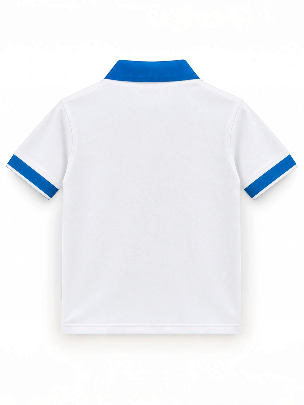 Kiddy Kloset kids white polo shirt back view with blue collar and cuffs
