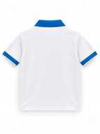 Kiddy Kloset kids white polo shirt back view with blue collar and cuffs