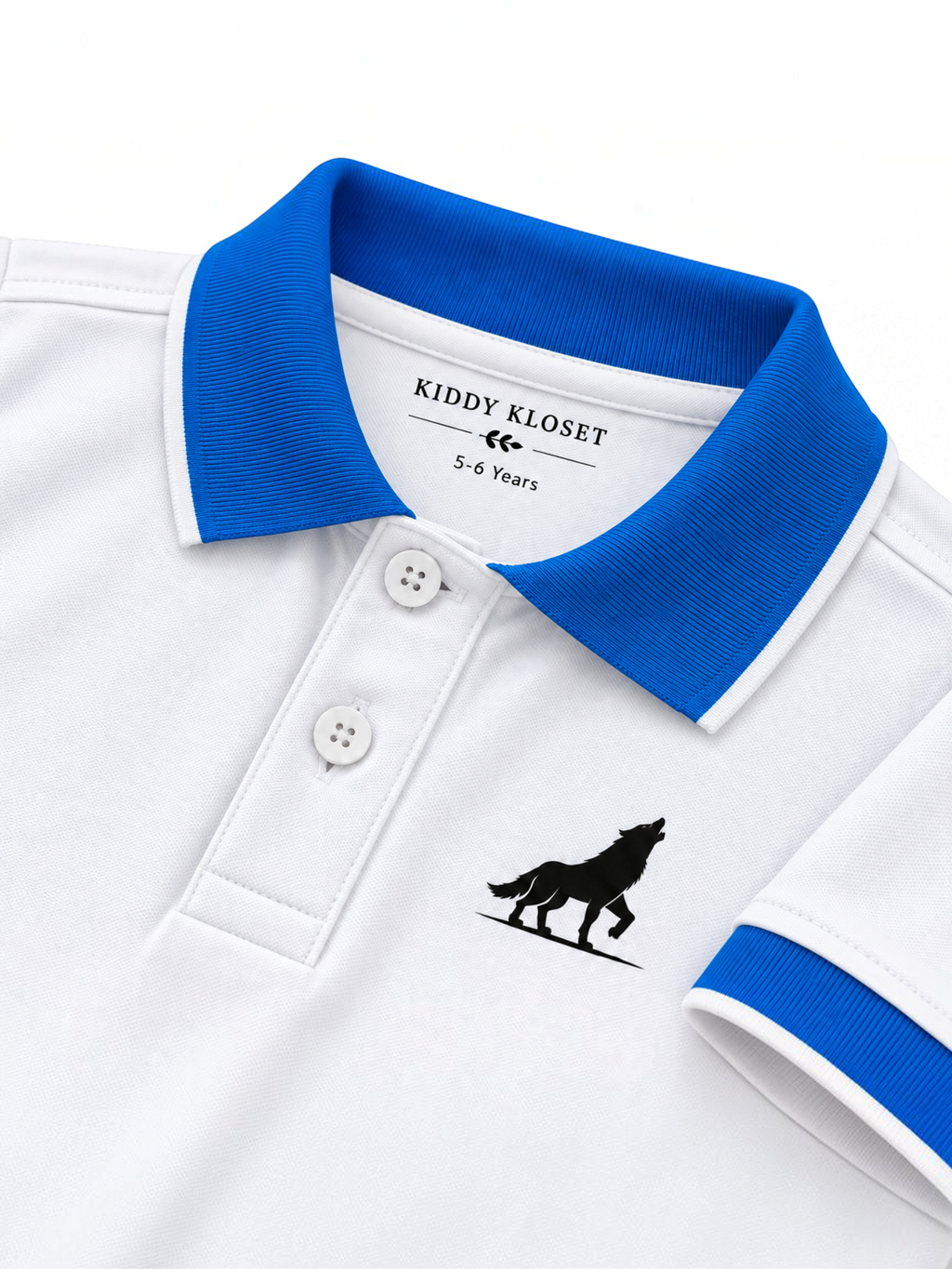 Close up of blue polo collar, two-button placket and black wolf logo on white kids polo shirt