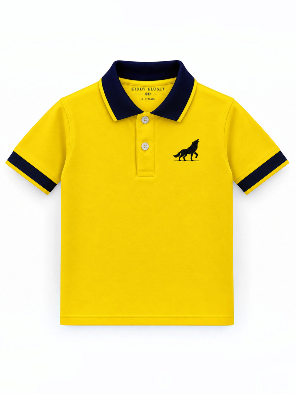 Kiddy Kloset kids yellow polo shirt front view with navy collar, cuffs and wolf chest logo