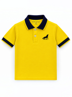 Kiddy Kloset kids yellow polo shirt front view with navy collar, cuffs and wolf chest logo