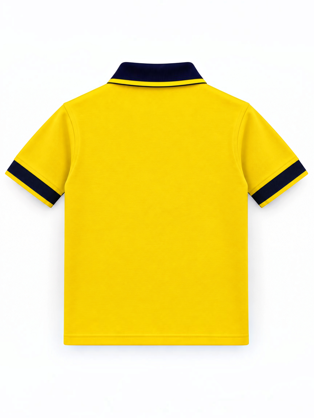 Kiddy Kloset kids yellow polo shirt back view with navy collar and cuffs