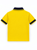 Kiddy Kloset kids yellow polo shirt back view with navy collar and cuffs