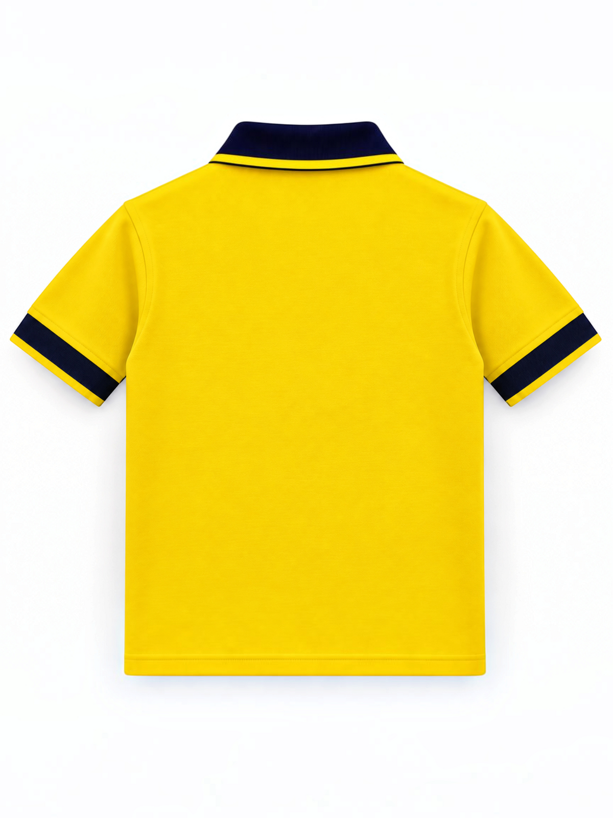 Kiddy Kloset kids yellow polo shirt back view with navy collar and cuffs