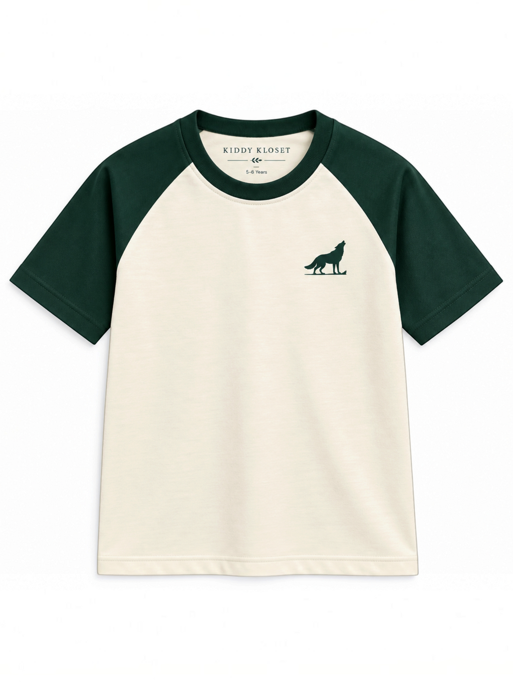 Kiddy Kloset kids cream raglan T-shirt front view with forest green sleeves and wolf chest logo