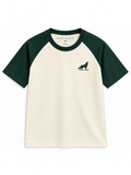 Kiddy Kloset kids cream raglan T-shirt front view with forest green sleeves and wolf chest logo