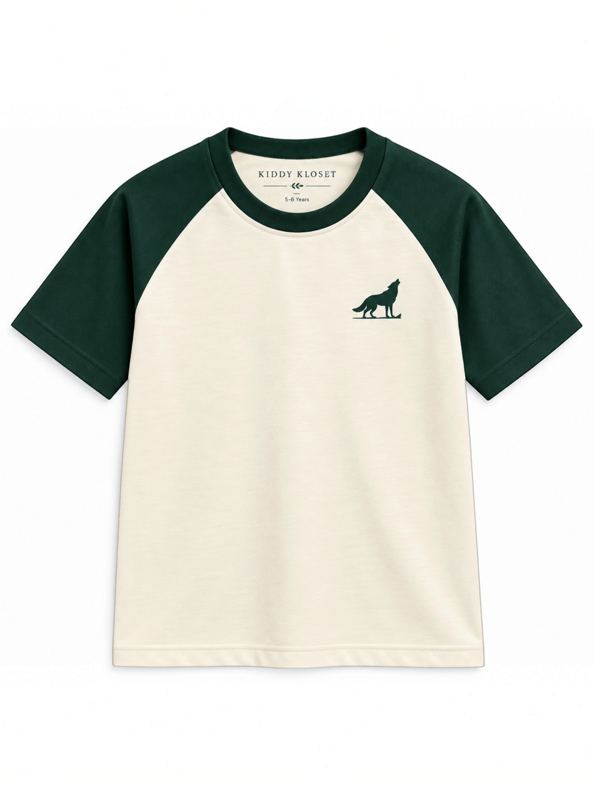Kiddy Kloset kids cream raglan T-shirt front view with forest green sleeves and wolf chest logo