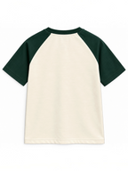 Kiddy Kloset kids cream raglan T-shirt back view with forest green raglan sleeves