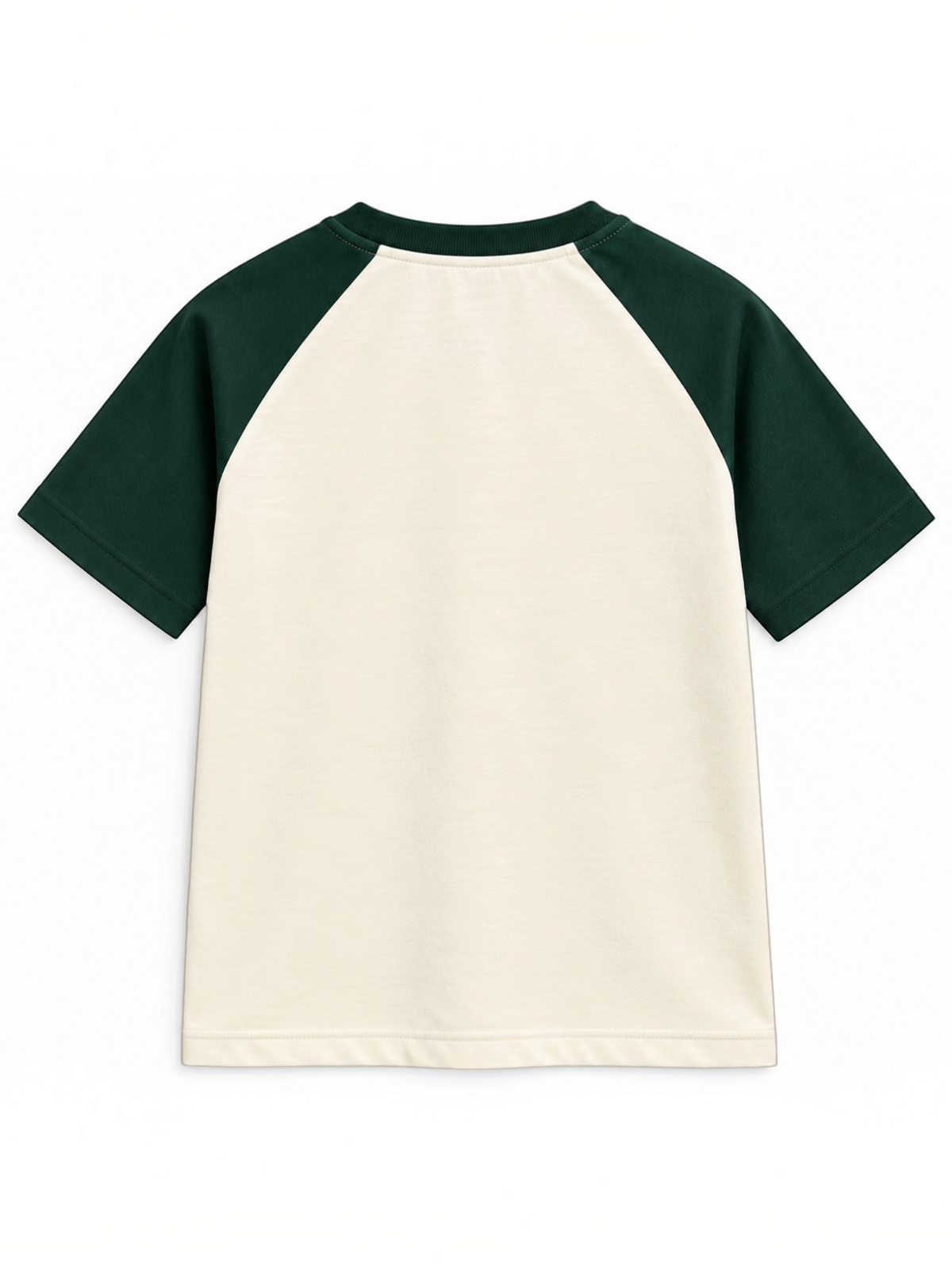 Kiddy Kloset kids cream raglan T-shirt back view with forest green raglan sleeves