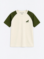 Kiddy Kloset kids cream raglan T-shirt front view with olive sleeves and wolf chest logo