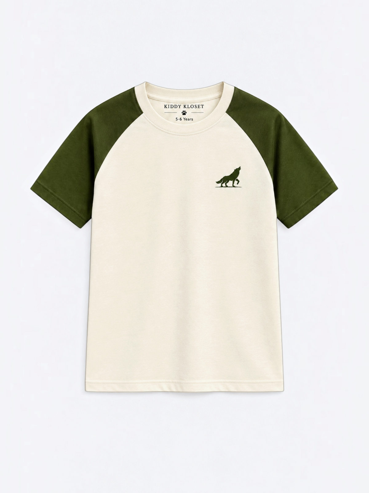 Kiddy Kloset kids cream raglan T-shirt front view with olive sleeves and wolf chest logo