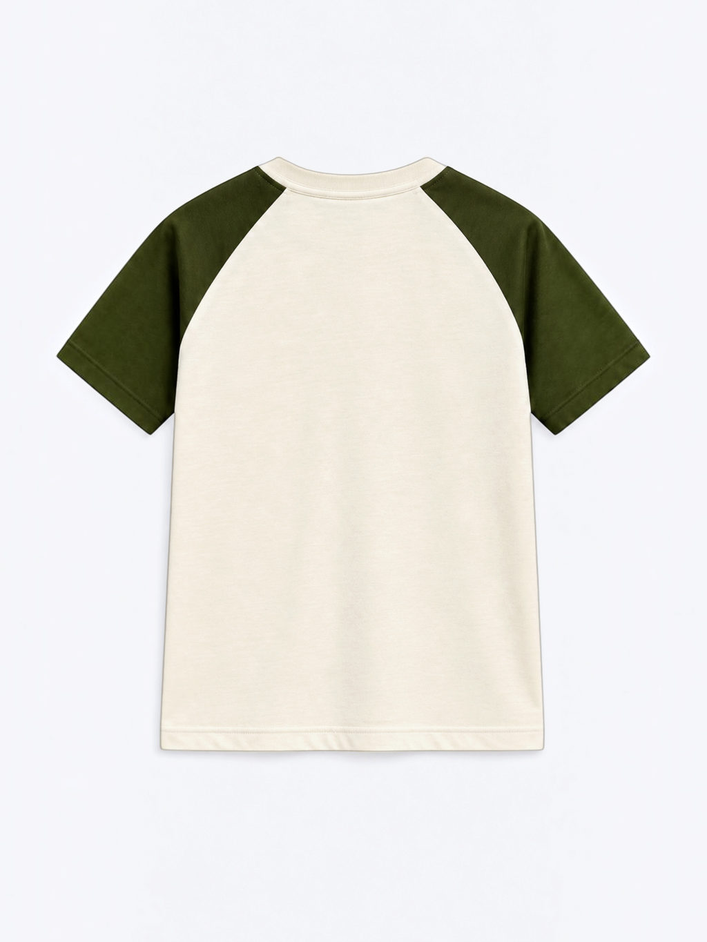 Kiddy Kloset kids cream raglan T-shirt back view with olive raglan sleeves
