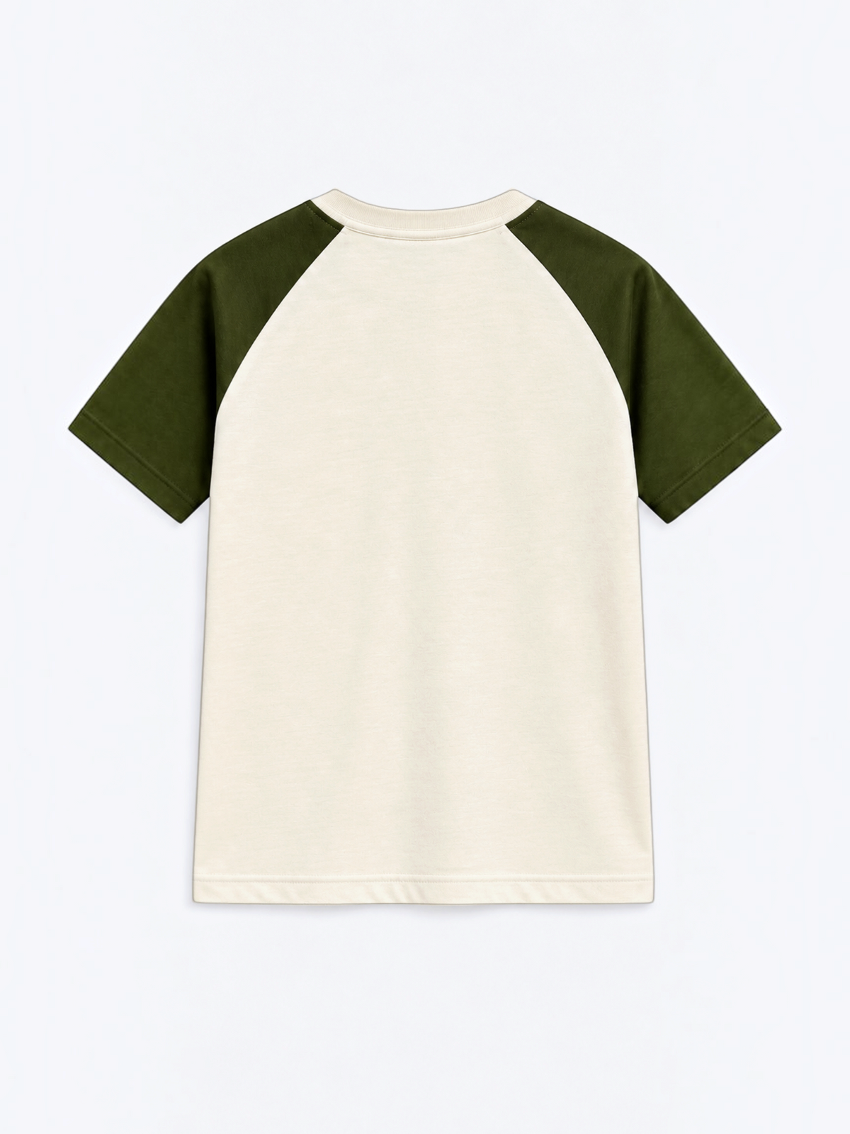 Kiddy Kloset kids cream raglan T-shirt back view with olive raglan sleeves