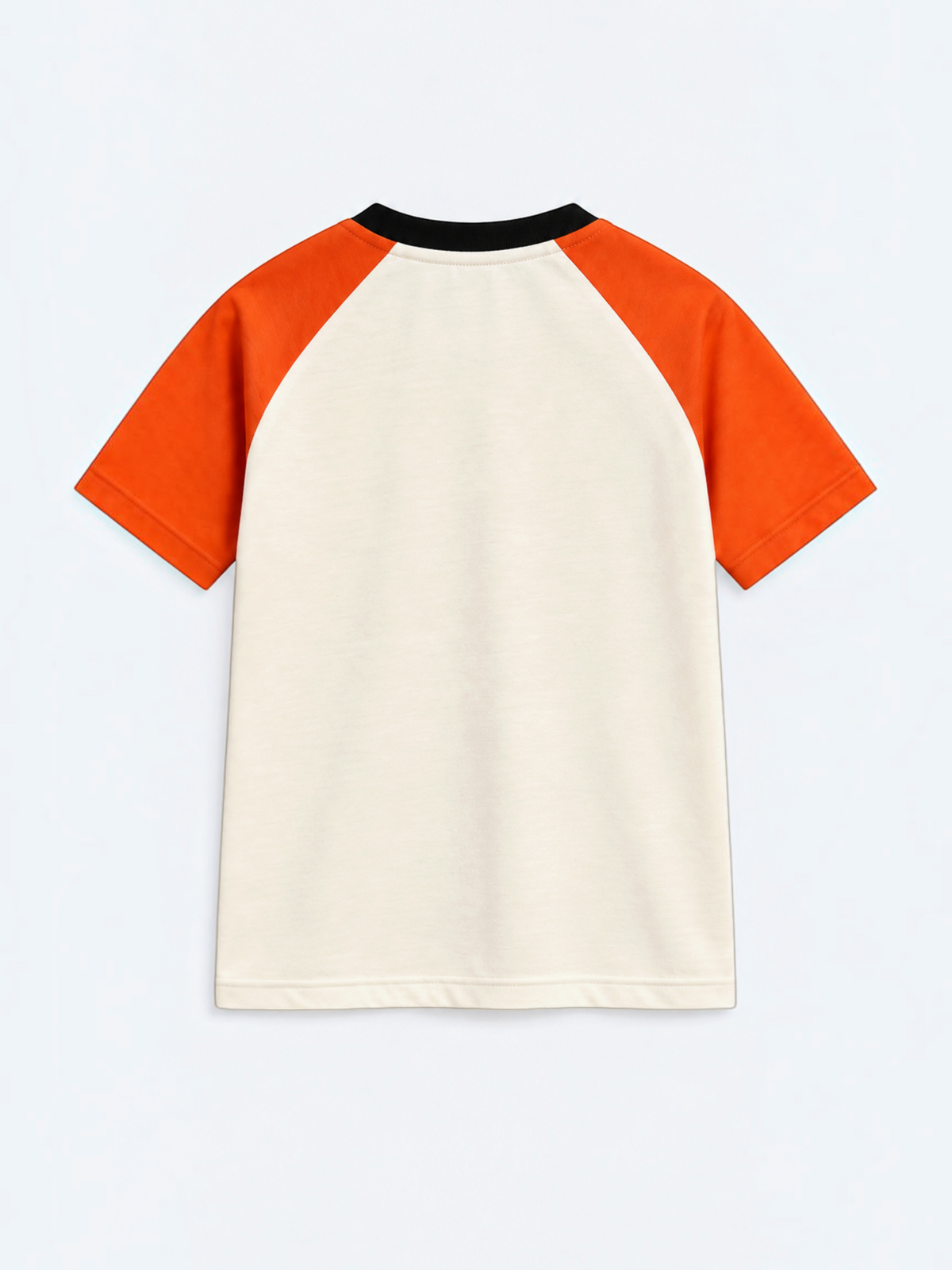 Kiddy Kloset kids cream raglan T-shirt back view with burnt orange raglan sleeves