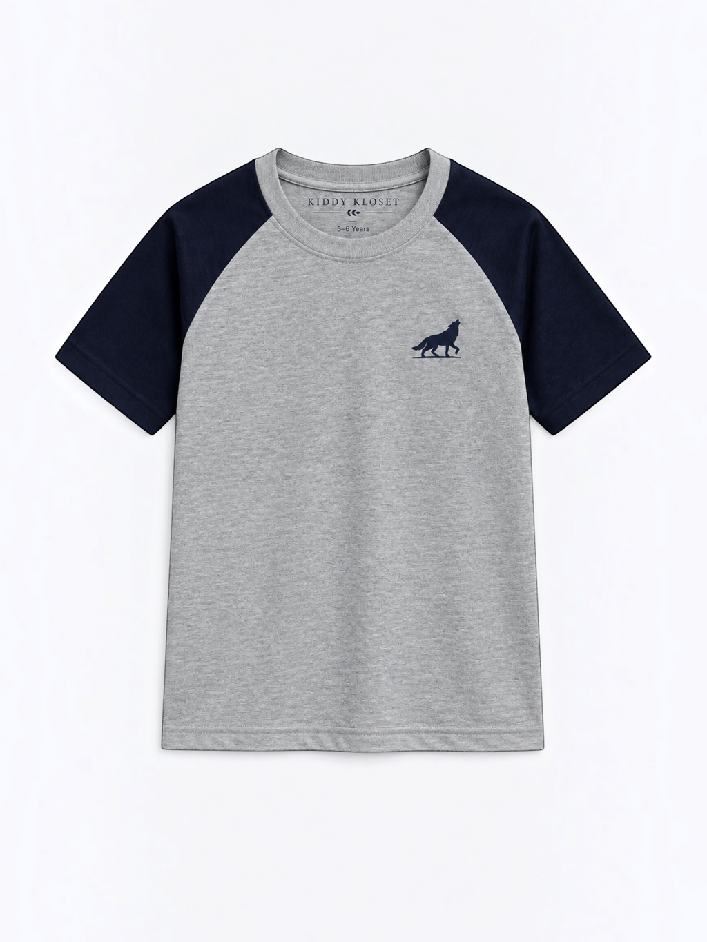Kiddy Kloset kids grey marl raglan T-shirt front view with navy sleeves and wolf chest logo