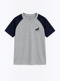 Kiddy Kloset kids grey marl raglan T-shirt front view with navy sleeves and wolf chest logo