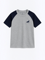 Kiddy Kloset kids grey marl raglan T-shirt front view with navy sleeves and wolf chest logo