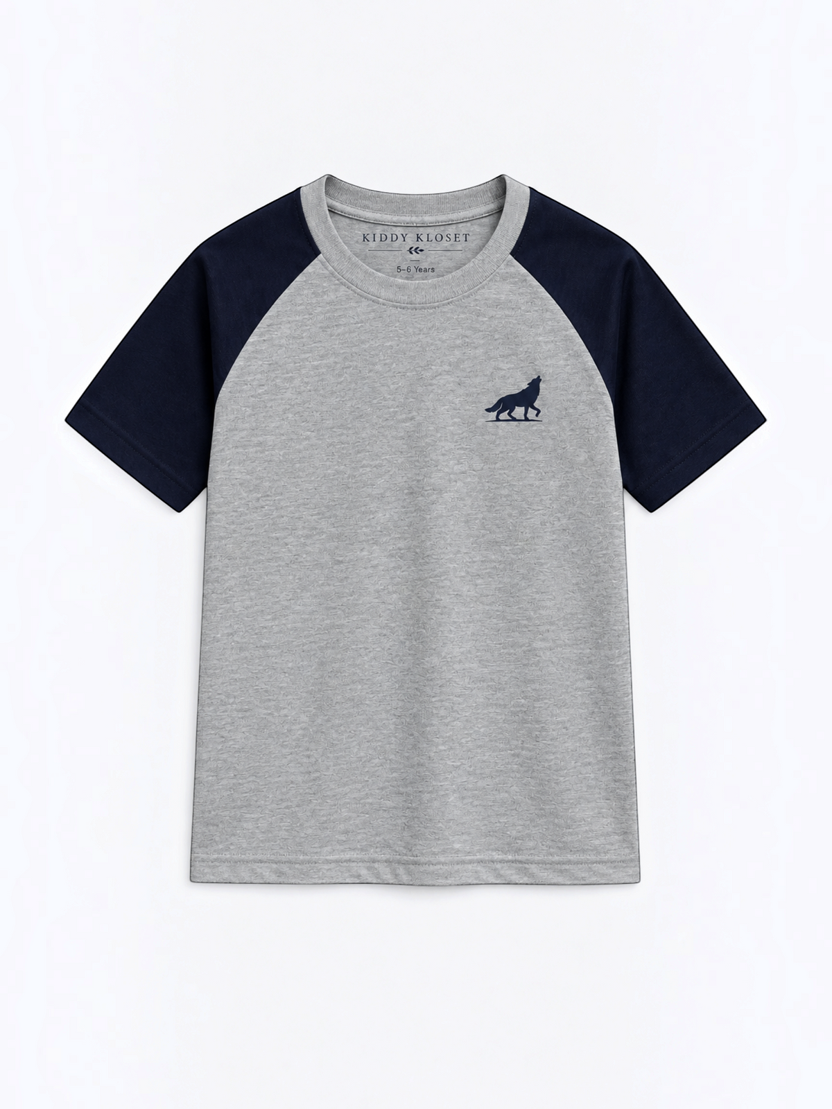 Kiddy Kloset kids grey marl raglan T-shirt front view with navy sleeves and wolf chest logo