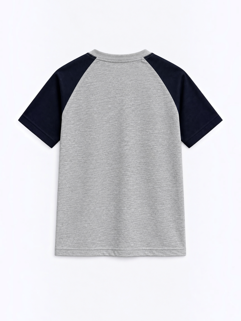 Kiddy Kloset kids grey marl raglan T-shirt back view with navy raglan sleeves
